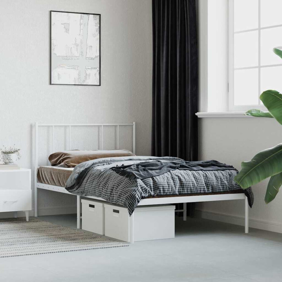 vidaXL Bedframe met hoofdbord metaal wit 107x203 cm afbeelding 1