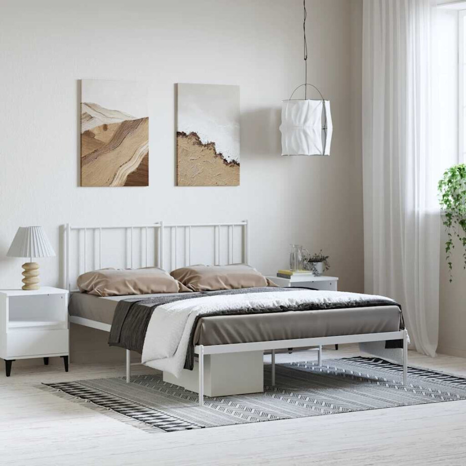 vidaXL Bedframe met hoofdbord metaal wit 150x200 cm afbeelding 1