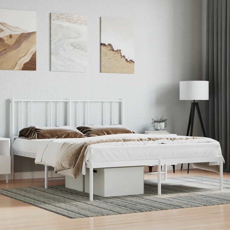 vidaXL Bedframe met hoofdbord metaal wit 160x200 cm afbeelding 1