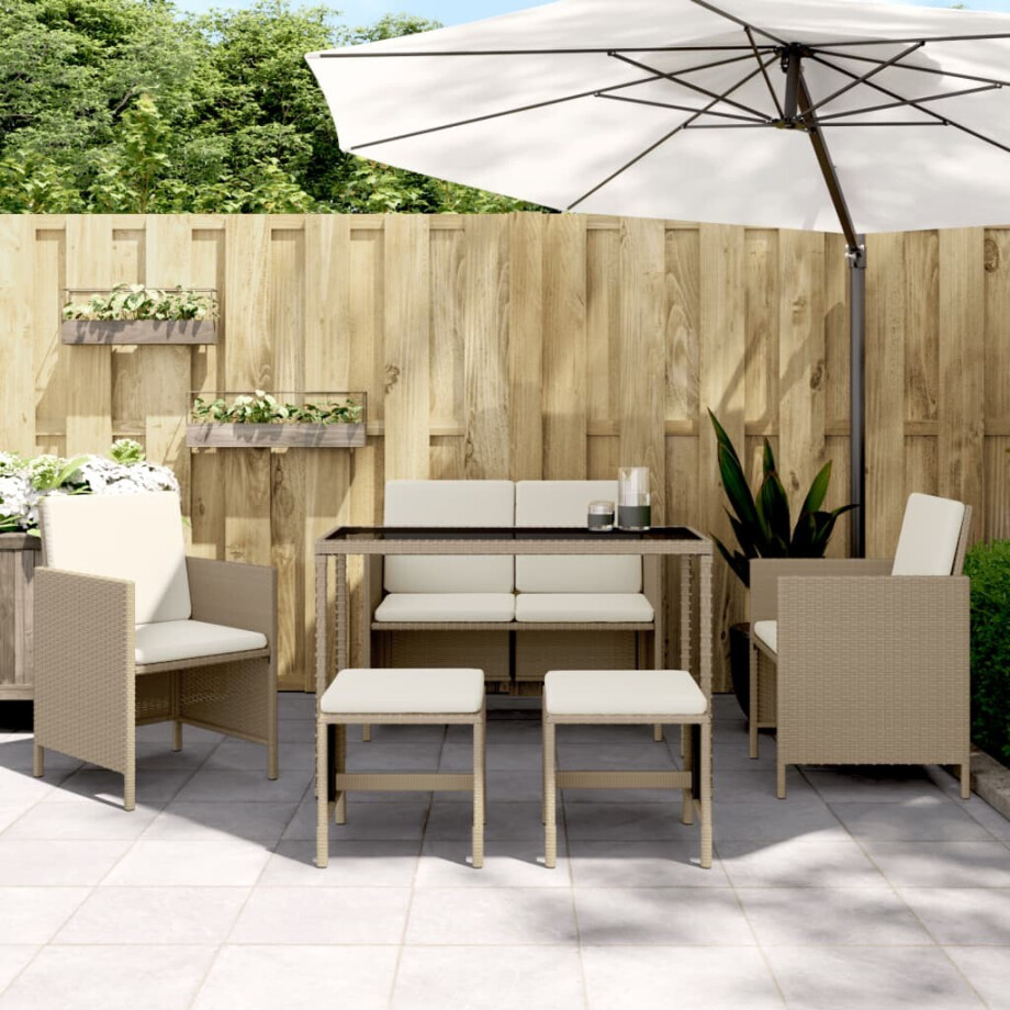 vidaXL 6-delige Tuinset met kussens poly rattan beige afbeelding 1