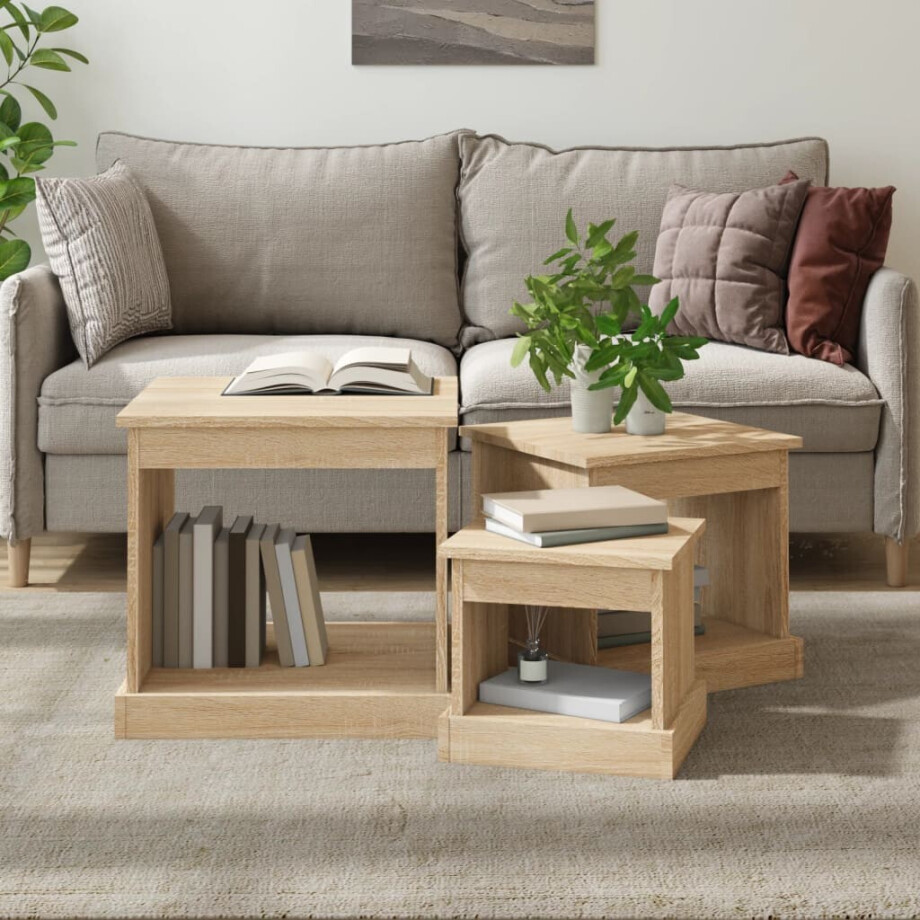 vidaXL 3-delige Salontafelset bewerkt hout sonoma eikenkleurig afbeelding 1