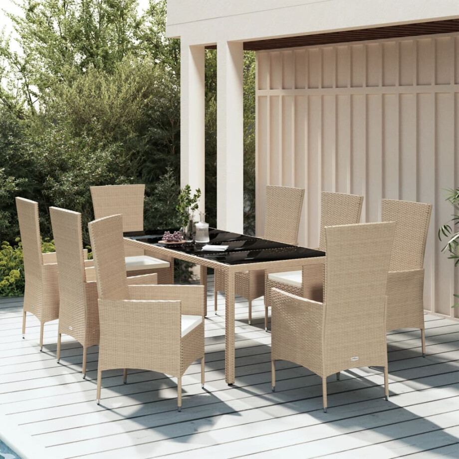 vidaXL 9-delige Tuinset met kussens poly rattan beige afbeelding 1