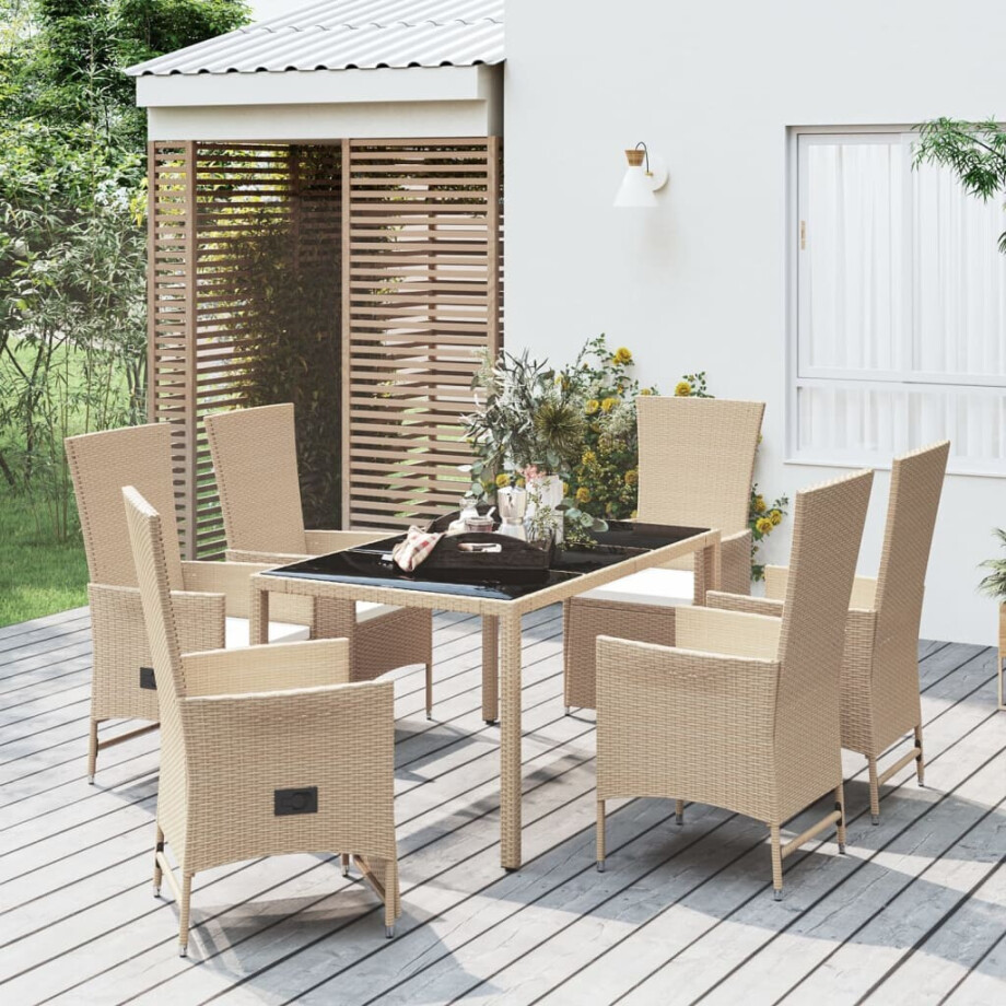 vidaXL 7-delige Tuinset met kussens poly rattan beige afbeelding 1
