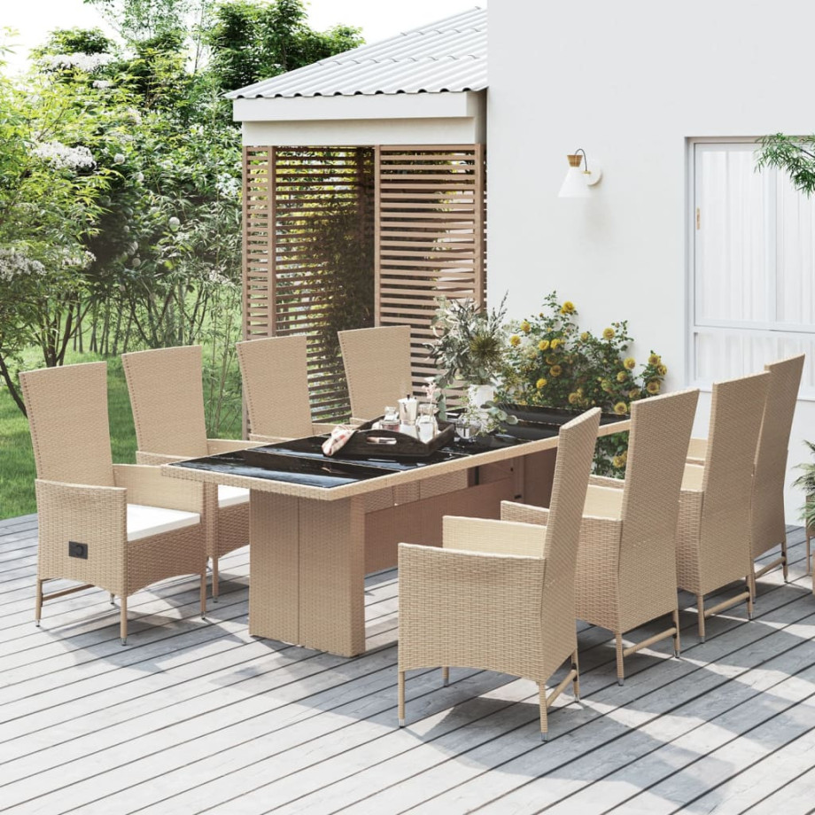 vidaXL 9-delige Tuinset met kussens poly rattan beige afbeelding 1