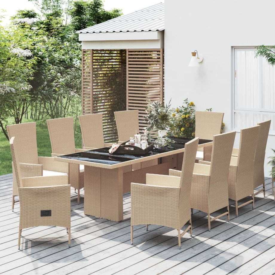 vidaXL 11-delige Tuinset met kussens poly rattan beige afbeelding 1