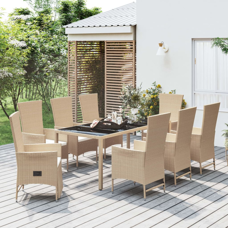 vidaXL 9-delige Tuinset met kussens poly rattan beige afbeelding 1