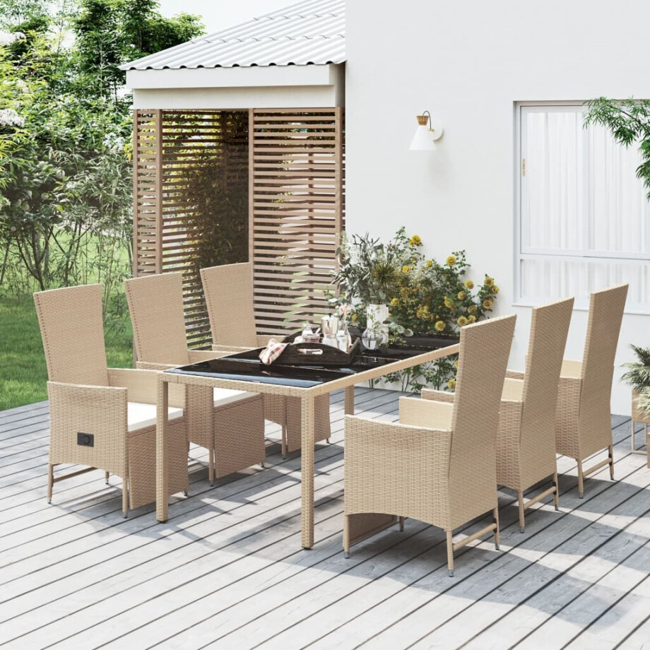 vidaXL 7-delige Tuinset met kussens poly rattan beige afbeelding 1