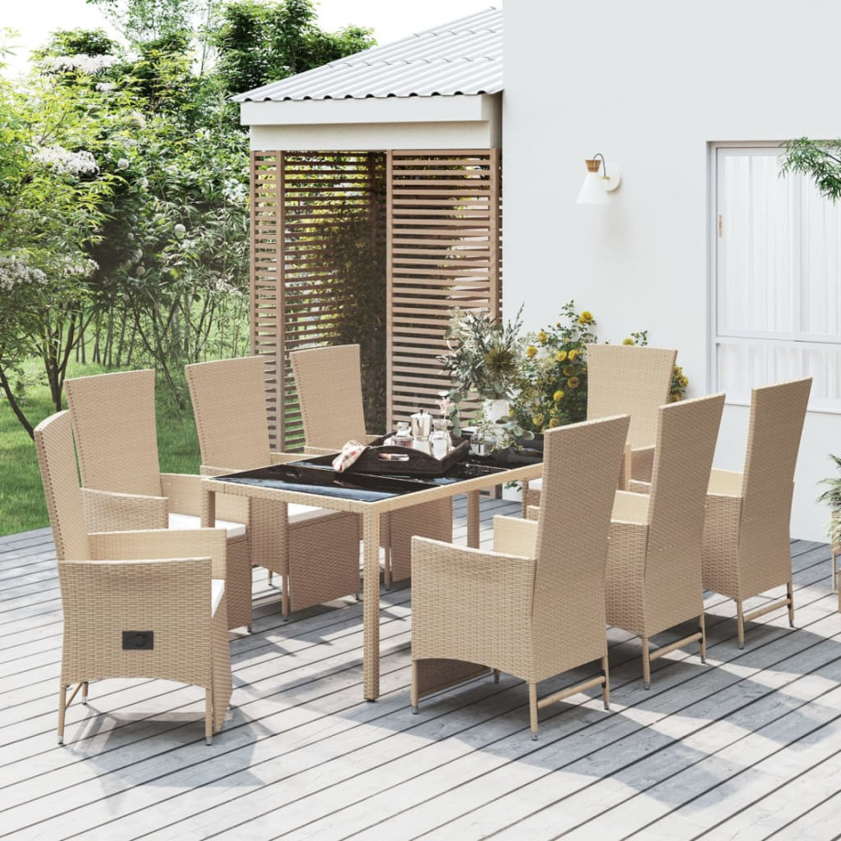 vidaXL 9-delige Tuinset met kussens poly rattan beige afbeelding 1