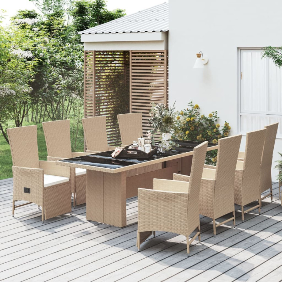 vidaXL 9-delige Tuinset met kussens poly rattan beige afbeelding 1