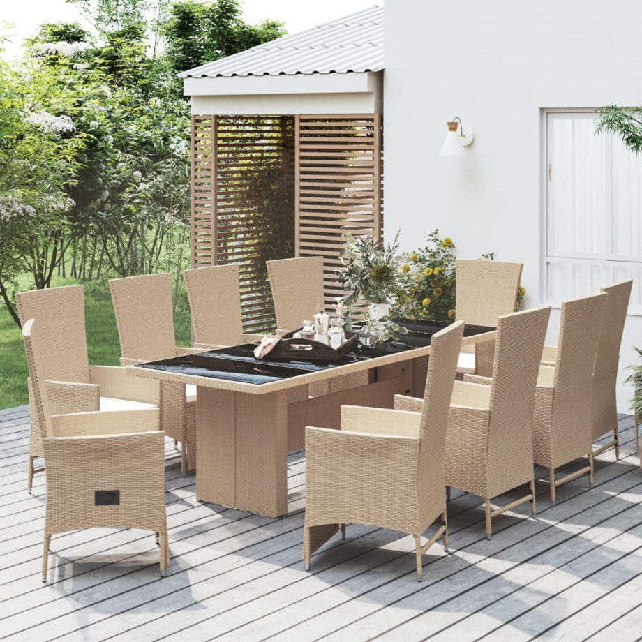 vidaXL 11-delige Tuinset met kussens poly rattan beige afbeelding 1