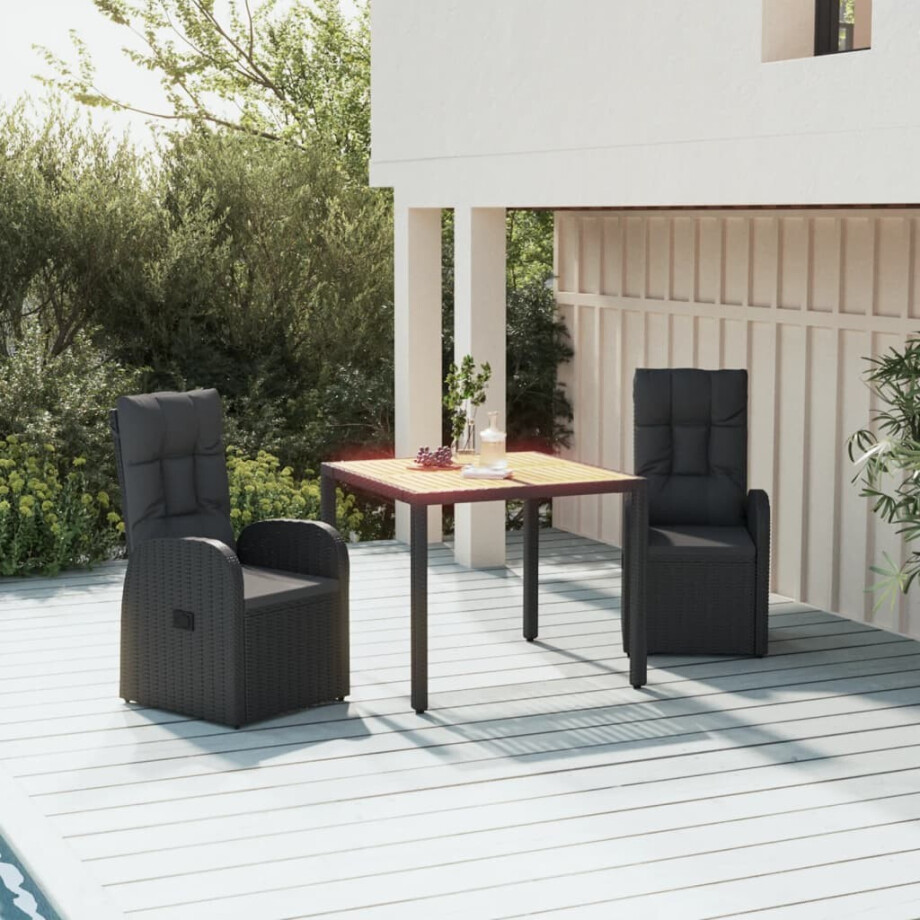 vidaXL 3-delige Tuinset met kussens poly rattan zwart afbeelding 1