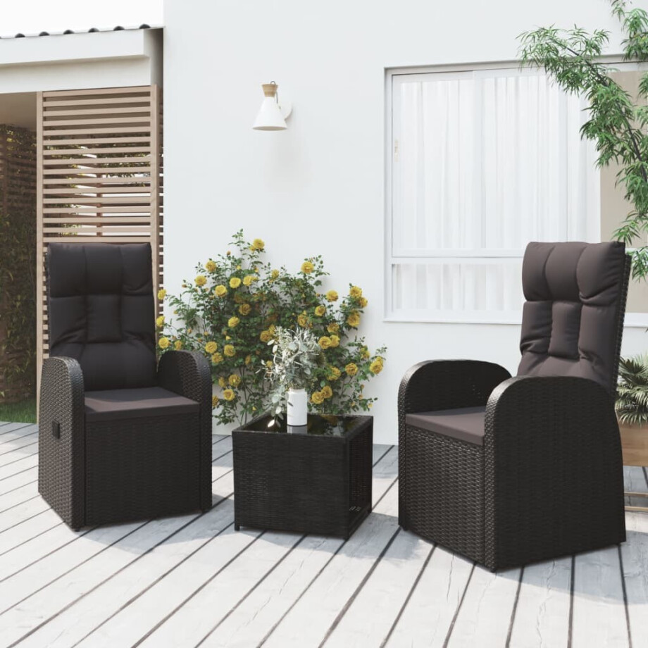 vidaXL 3-delige Loungeset poly rattan en staal zwart afbeelding 1