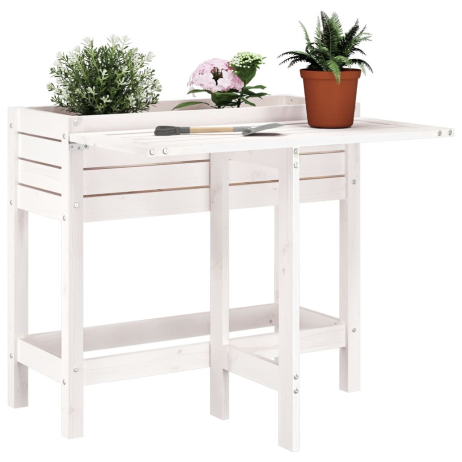 vidaXL Plantenbak met inklapbaar tafelblad massief grenenhout wit afbeelding 1
