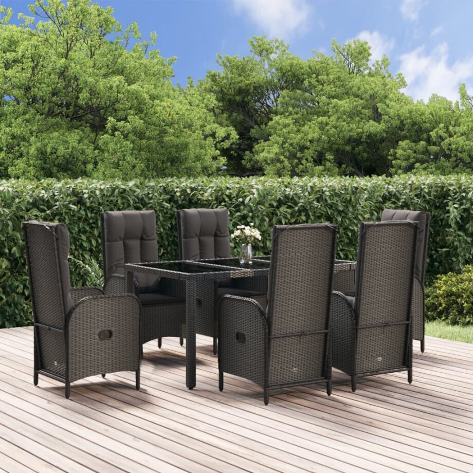 vidaXL 7-delige Tuinset met kussens poly rattan zwart en grijs afbeelding 1