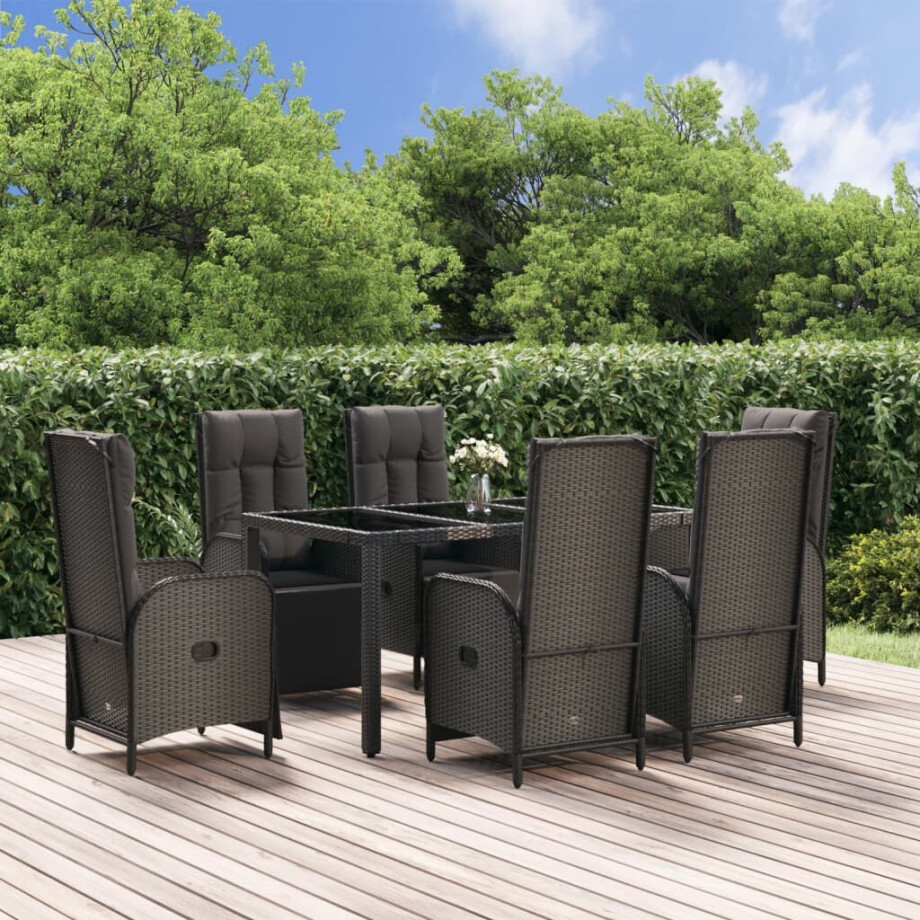 vidaXL 7-delige Tuinset met kussens poly rattan zwart en grijs afbeelding 1