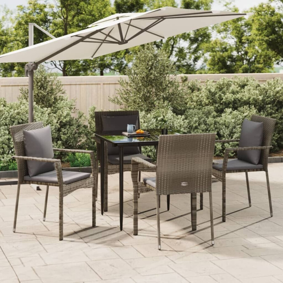vidaXL 5-delige Tuinset met kussens poly rattan zwart en grijs afbeelding 1