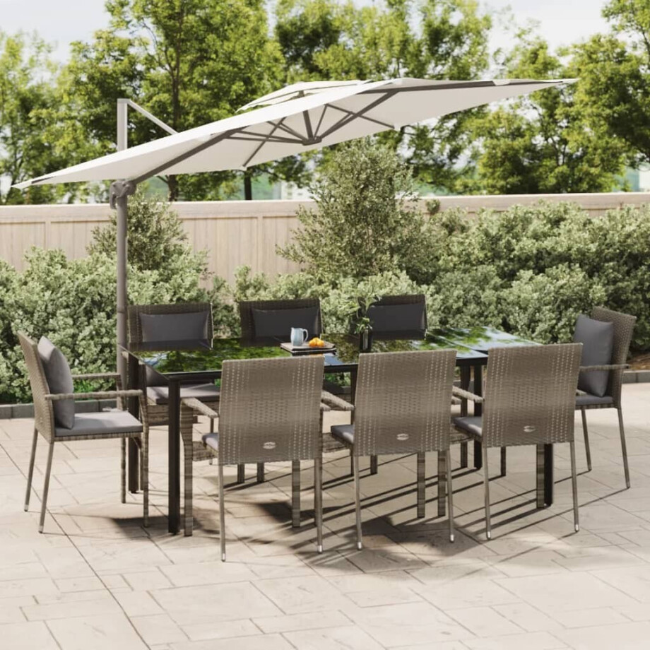 vidaXL 9-delige Tuinset met kussens poly rattan zwart en grijs afbeelding 1