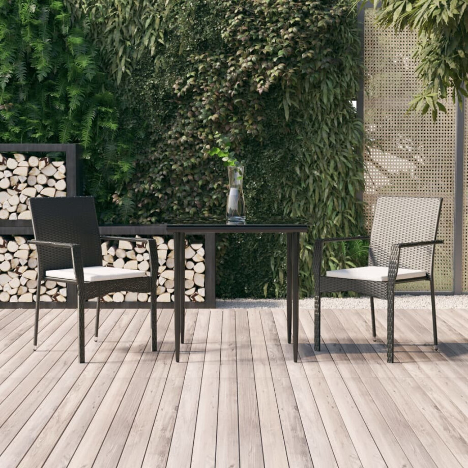 vidaXL 3-delige Tuinset met kussens poly rattan zwart afbeelding 1