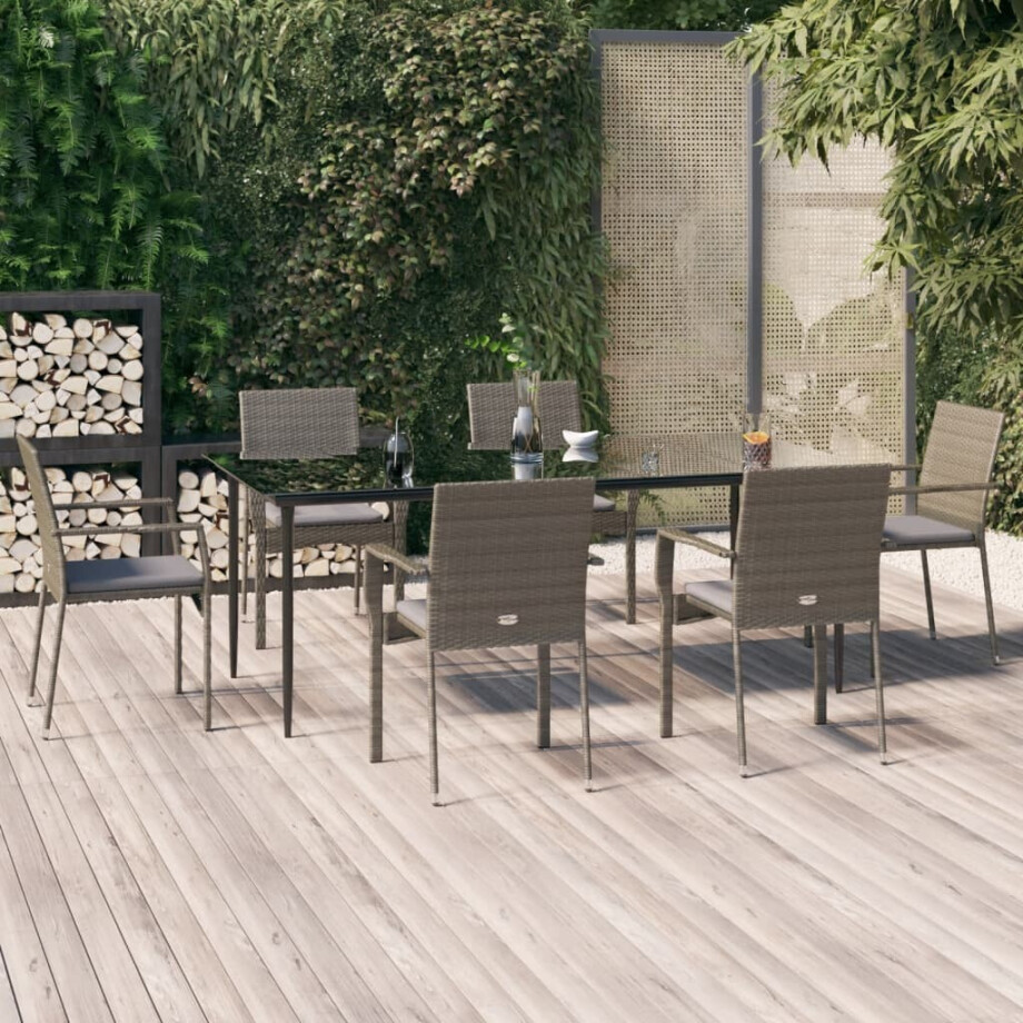 vidaXL 7-delige Tuinset met kussens poly rattan zwart en grijs afbeelding 1
