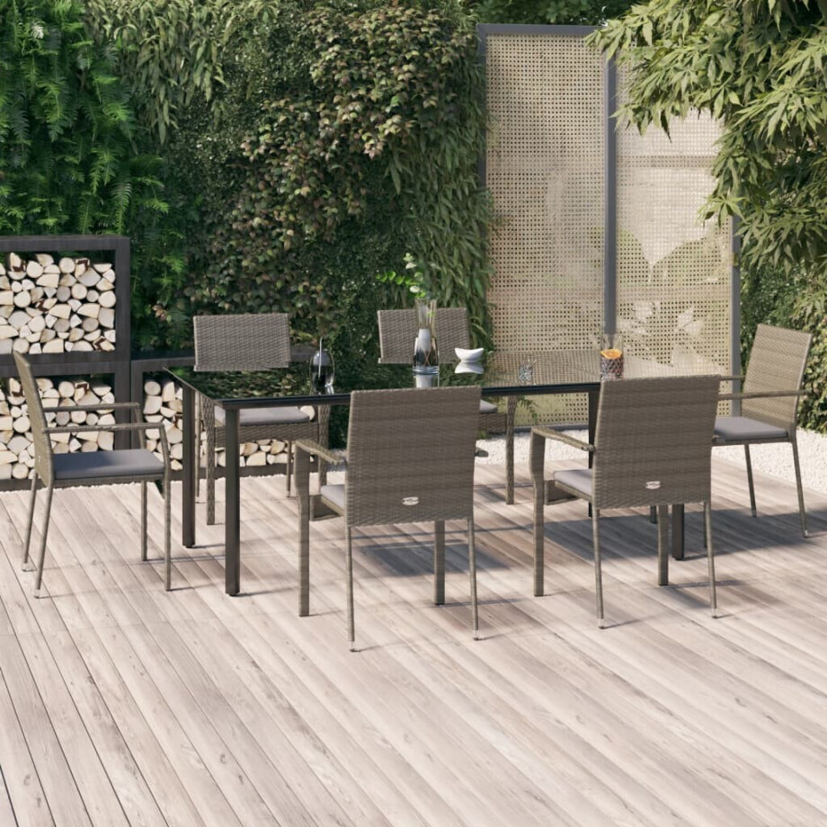 vidaXL 7-delige Tuinset met kussens poly rattan zwart en grijs afbeelding 1