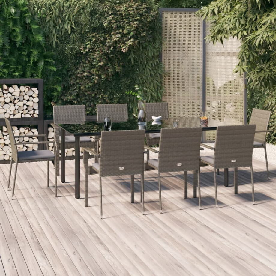 vidaXL 9-delige Tuinset met kussens poly rattan zwart en grijs afbeelding 1