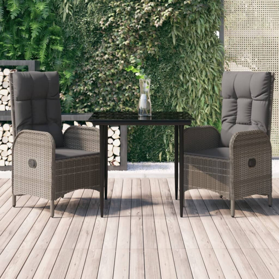 vidaXL 3-delige Tuinset met kussens poly rattan zwart en grijs afbeelding 1