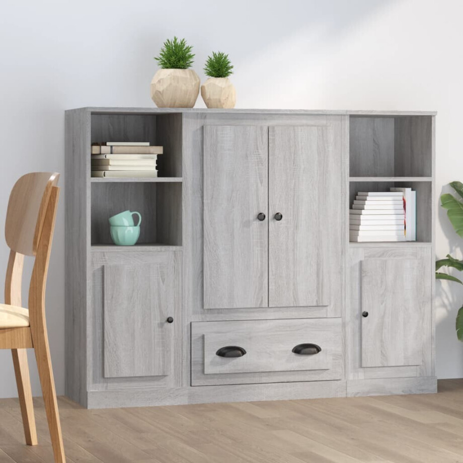 vidaXL Hoge kasten 3 st bewerkt hout grijs sonoma eikenkleurig afbeelding 1