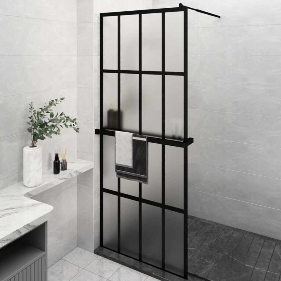 vidaXL Inloopdouchewand met schap 80x195 cm ESG-Glas aluminium zwart afbeelding 1