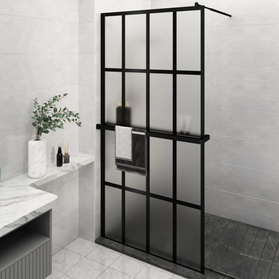 vidaXL Inloopdouchewand met schap 118x190 cm ESG-glas aluminium zwart afbeelding 1