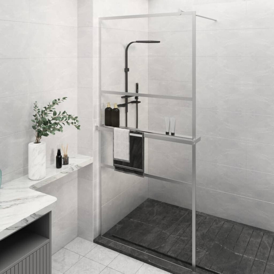 vidaXL Inloopdouchewand met schap 80x195 cm ESG-glas aluminium chroom afbeelding 1