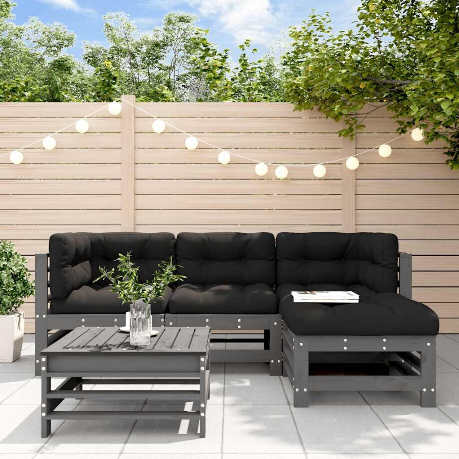 vidaXL 5-delige Loungeset met kussens massief hout grijs vidaXL 5-delige Loungeset met kussens massief hout grijs afbeelding 1
