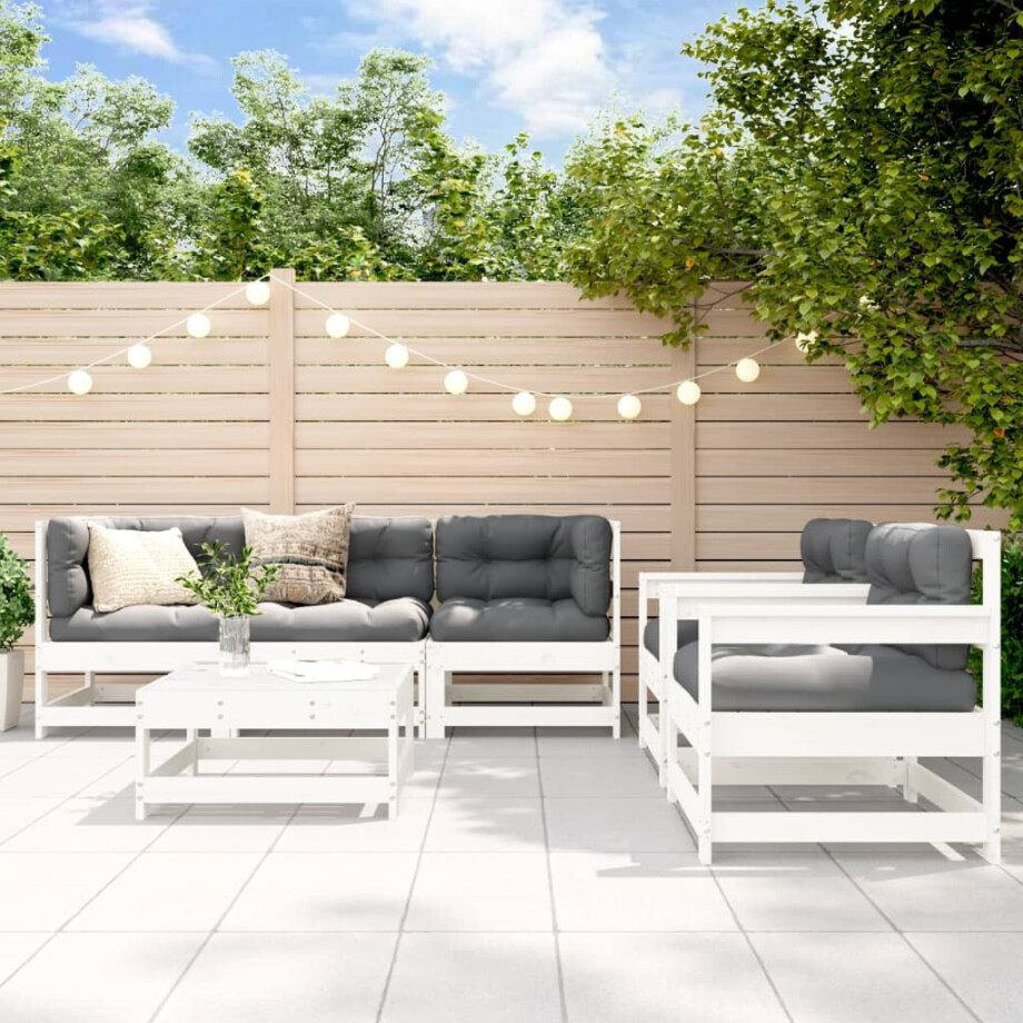 vidaXL 6-delige Loungeset met kussens massief hout wit afbeelding 1