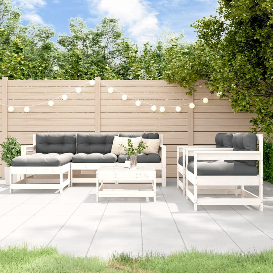vidaXL 7-delige Loungeset met kussens massief hout wit afbeelding 1