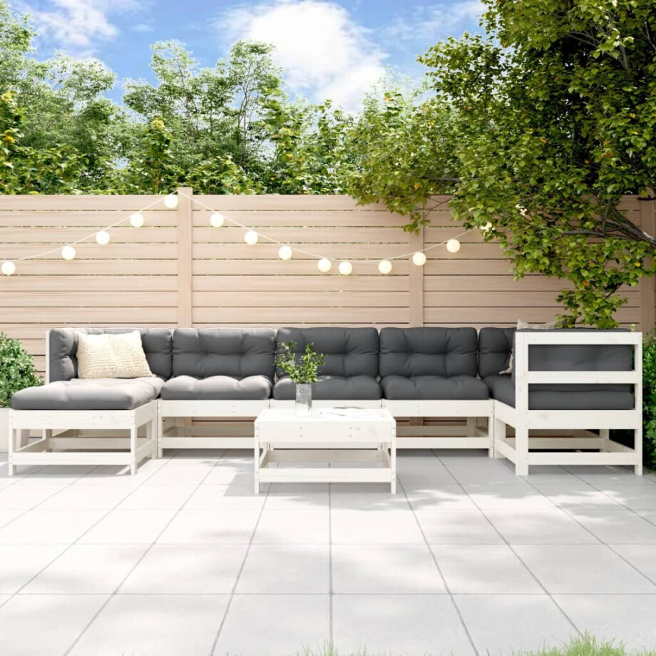 vidaXL 8-delige Loungeset met kussens massief hout wit afbeelding 1