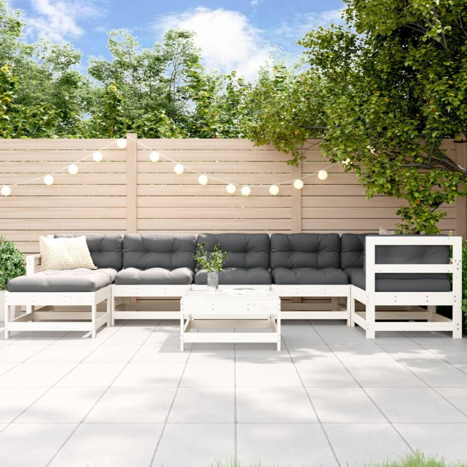 vidaXL 8-delige Loungeset met kussens massief hout wit vidaXL 8-delige Loungeset met kussens massief hout wit afbeelding 1