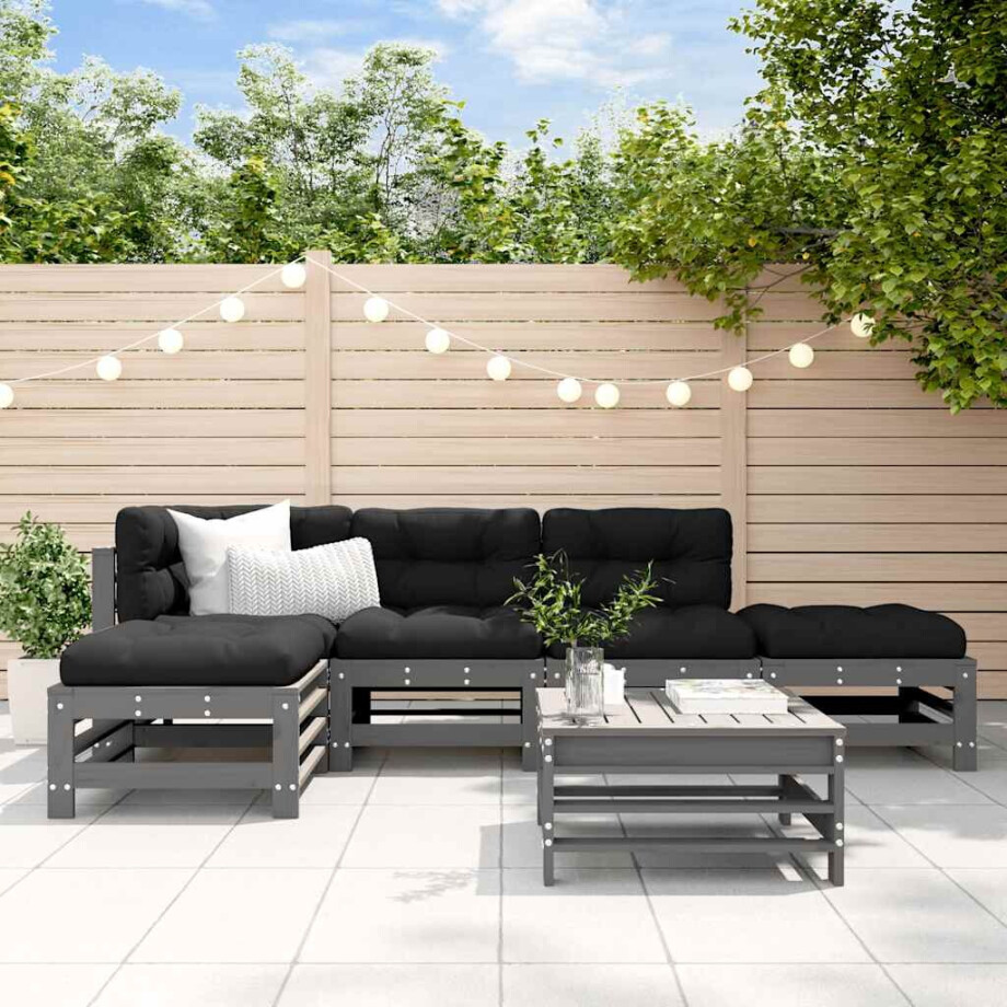vidaXL 6-delige Loungeset met kussens massief hout grijs vidaXL 6-delige Loungeset met kussens massief hout grijs afbeelding 1