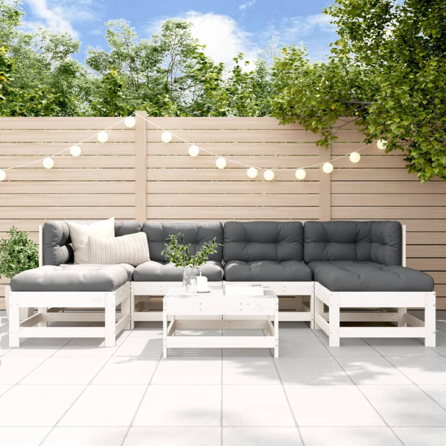 vidaXL 7-delige Loungeset met kussens massief hout wit vidaXL 7-delige Loungeset met kussens massief hout wit afbeelding 1