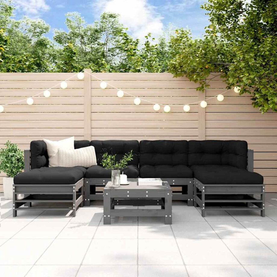 vidaXL 7-delige Loungeset met kussens massief hout grijs vidaXL 7-delige Loungeset met kussens massief hout grijs afbeelding 1