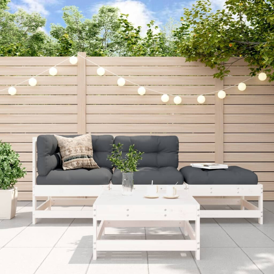 vidaXL 4-delige Loungeset met kussens massief hout wit afbeelding 1