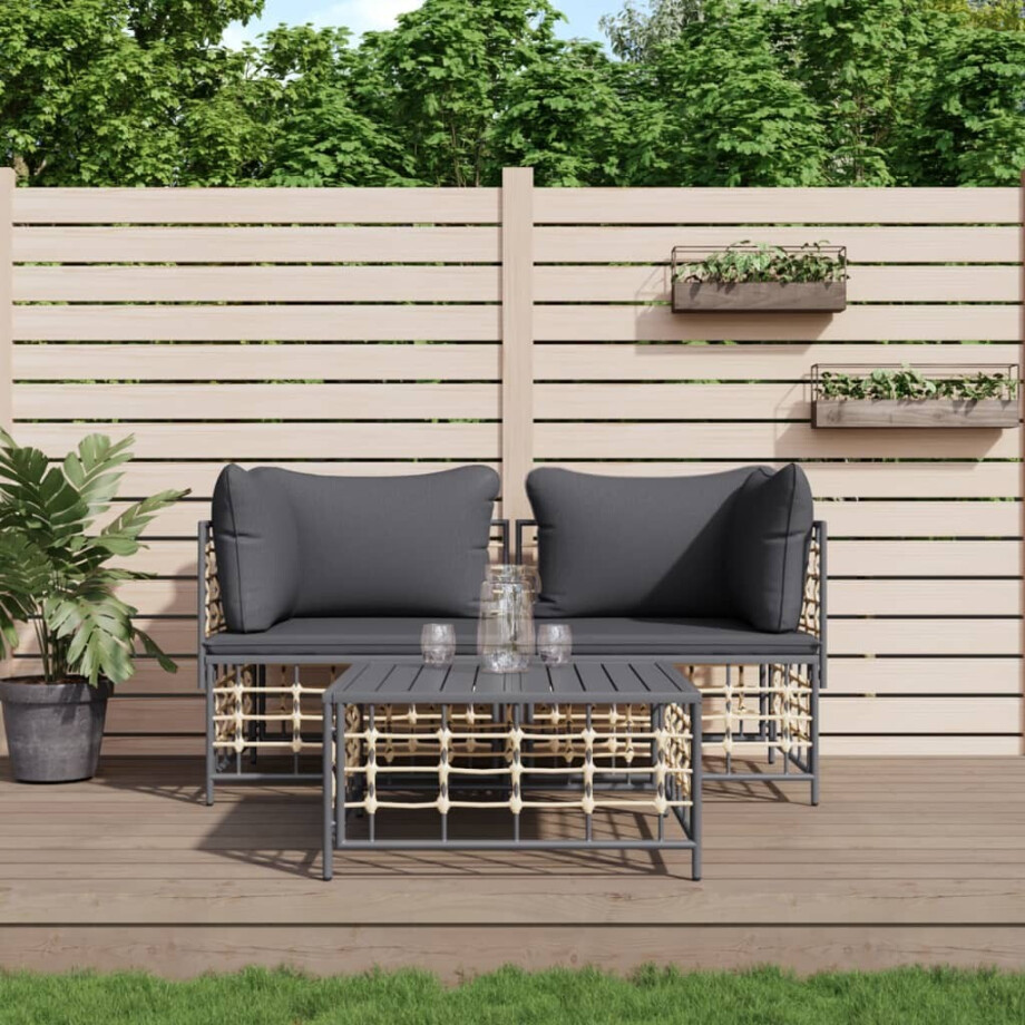vidaXL 3-delige Loungeset met kussens poly rattan antracietkleurig afbeelding 1
