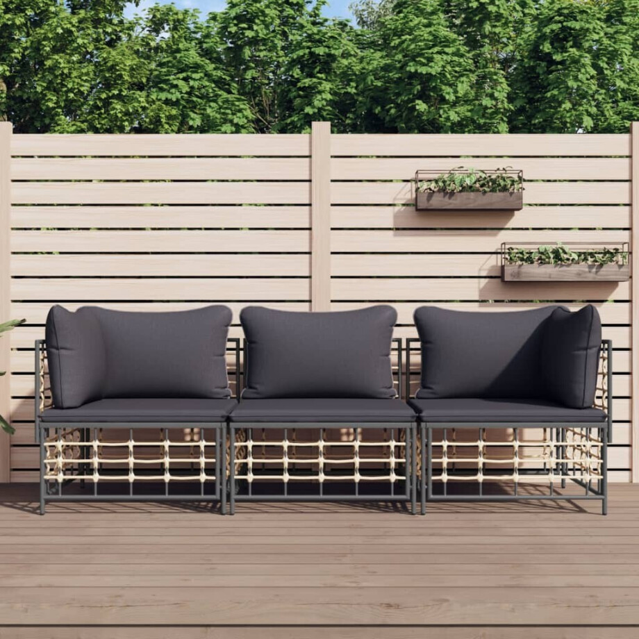 vidaXL 3-delige Loungeset met kussens poly rattan antracietkleurig afbeelding 1