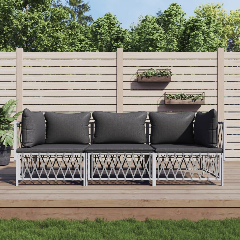 vidaXL 3-delige Loungeset met kussens staal wit vidaXL 3-delige Loungeset met kussens staal wit afbeelding 1