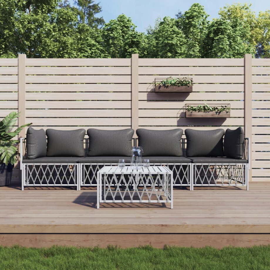 vidaXL 5-delige Loungeset met kussens staal wit vidaXL 5-delige Loungeset met kussens staal wit afbeelding 1