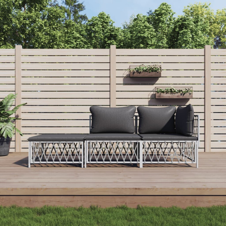 vidaXL 3-delige Loungeset met kussens staal wit vidaXL 3-delige Loungeset met kussens staal wit afbeelding 1