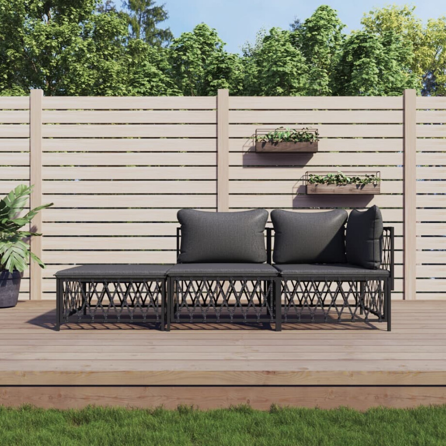 vidaXL 3-delige Loungeset met kussens staal antracietkleurig afbeelding 1