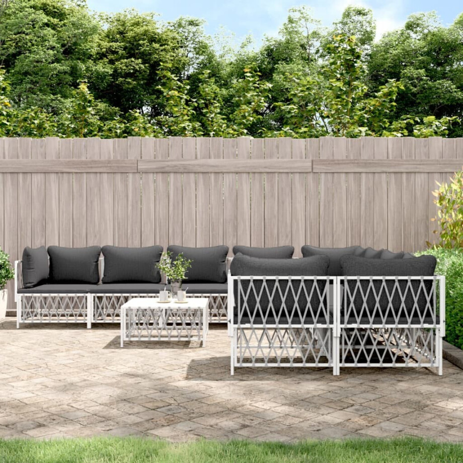 vidaXL 9-delige Loungeset met kussens staal wit vidaXL 9-delige Loungeset met kussens staal wit afbeelding 1