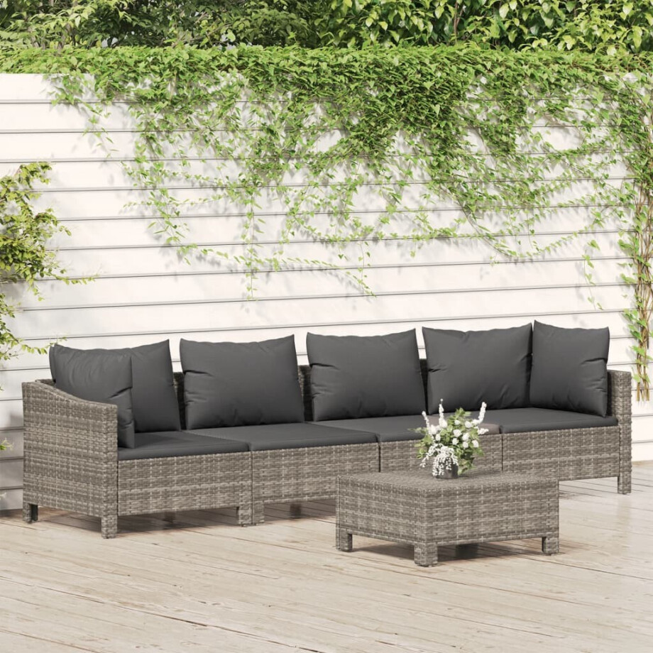 vidaXL 5-delige Loungeset met kussens poly rattan grijs afbeelding 1