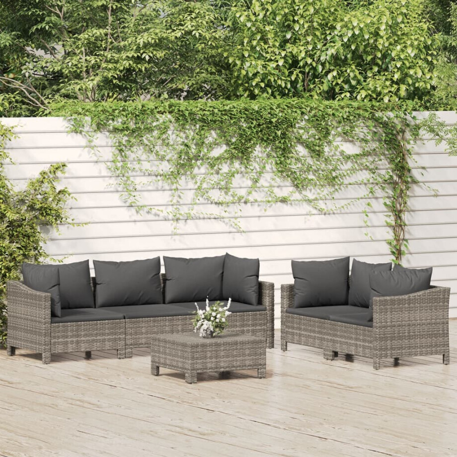 vidaXL 6-delige Loungeset met kussens poly rattan grijs afbeelding 1