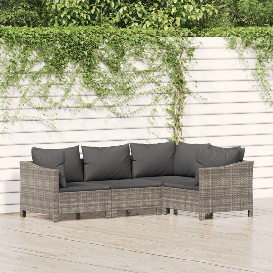 vidaXL 4-delige Loungeset met kussens poly rattan grijs afbeelding 1