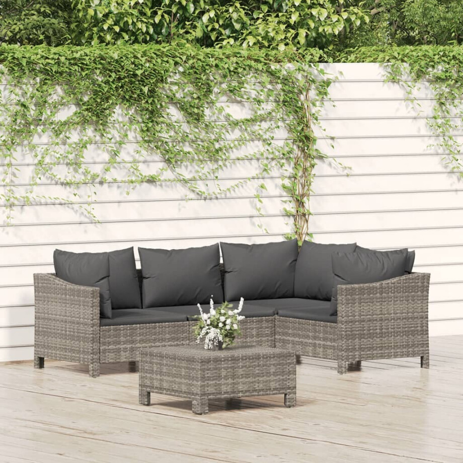 vidaXL 5-delige Loungeset met kussens poly rattan grijs afbeelding 1